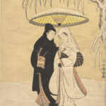 2 people walking together under one umbrella