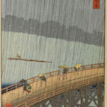 Heavy rain over a bridge with some people running