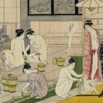 Scene at a bathhouse with several women and one man looking through a hole in the wall