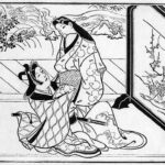 Black and white drawing of a man and a woman in a room with paintings on the wall