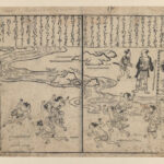 double sided black and white drawing of a river with people playing on one side
