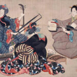 3 women playing music, one sitting with her back to the painter